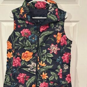 Land's End Women's Navy Floral Down Vest Full Zip Lightweight